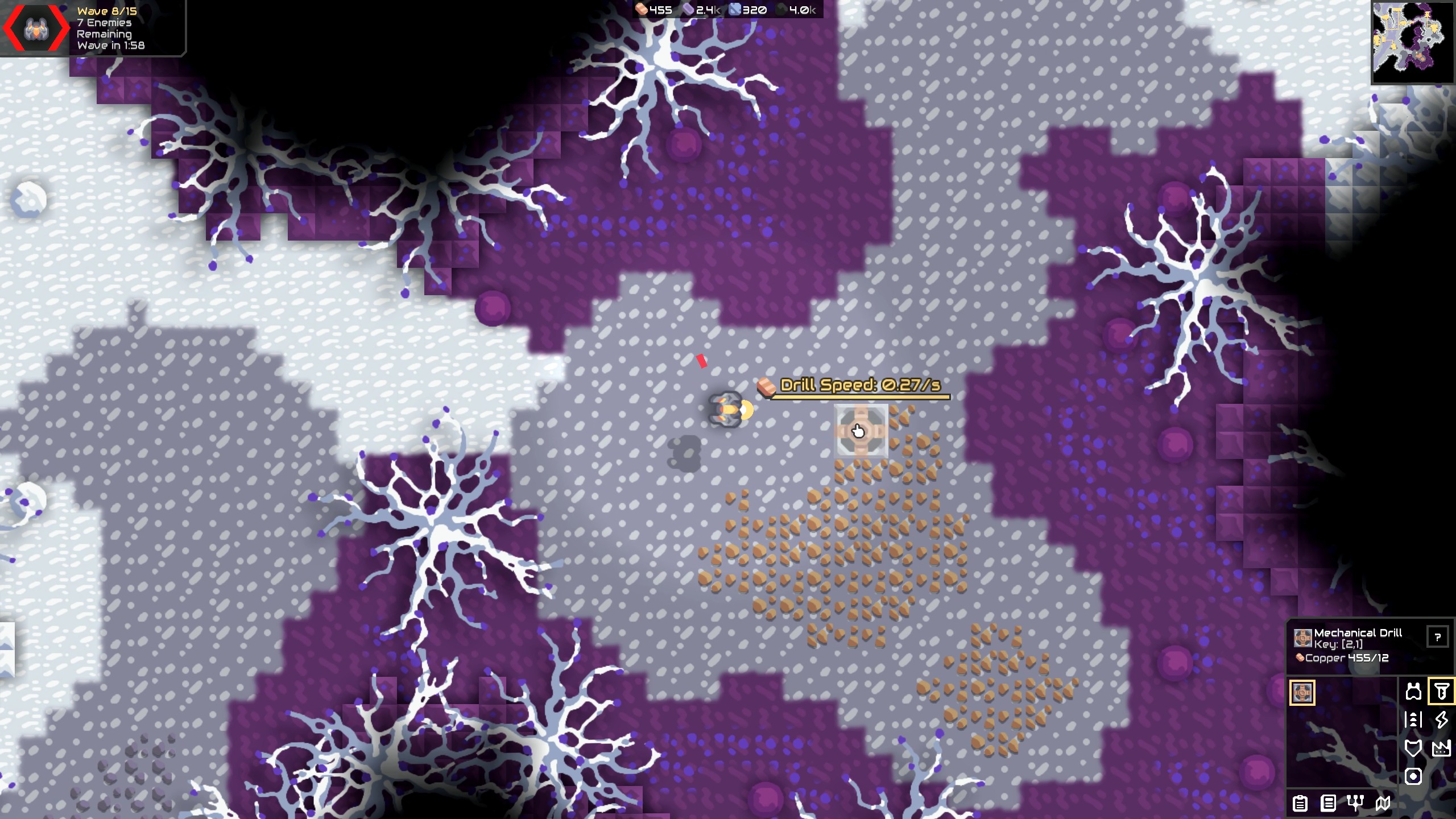 Picture of resource tiles in Mindustry with a small drill over a 2 by 2 tiles of them